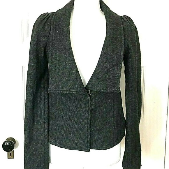 Vintage Free People Charcoal Gray Herringbone Tweed Blazer Jacket Puff Sleeves - Picture 4 of 7